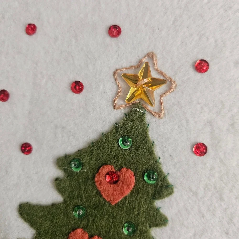 Vintage Felt Applique Christmas Tree Skirt Santa Teddy Bear Sequin White 35
